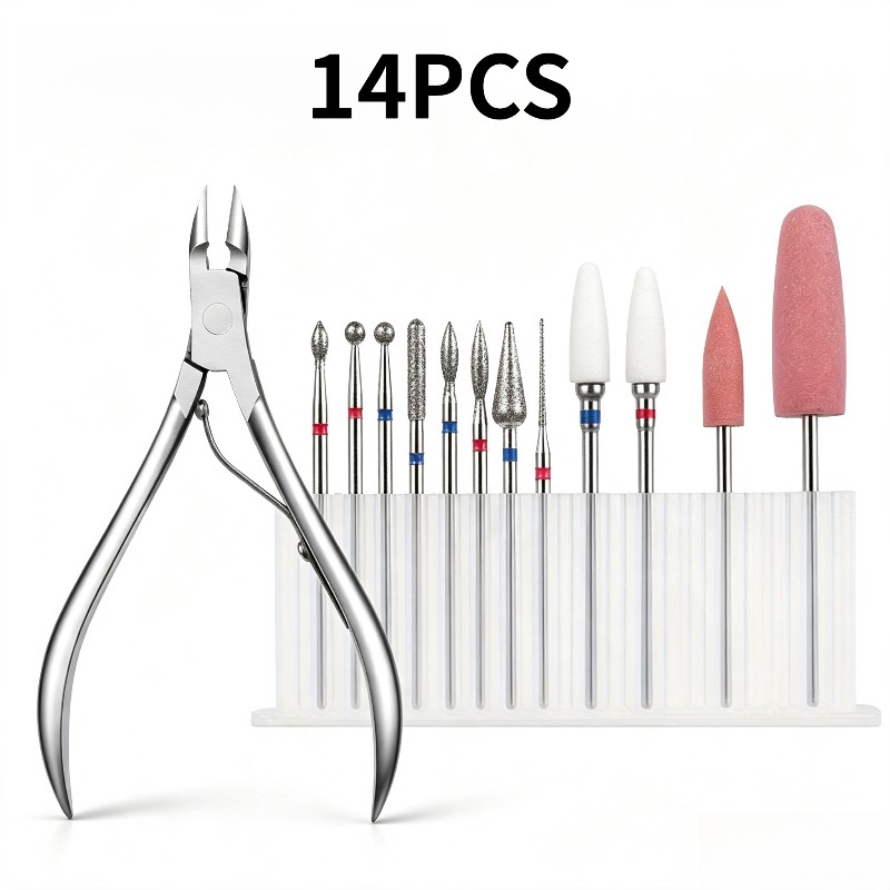 Image of Professional 14pcs For Nail Grinding Drill Bit Set With Cuticle Trimmer, For Nail File Bits For Nail Polishing, Cuticle Removal & For Nail Art