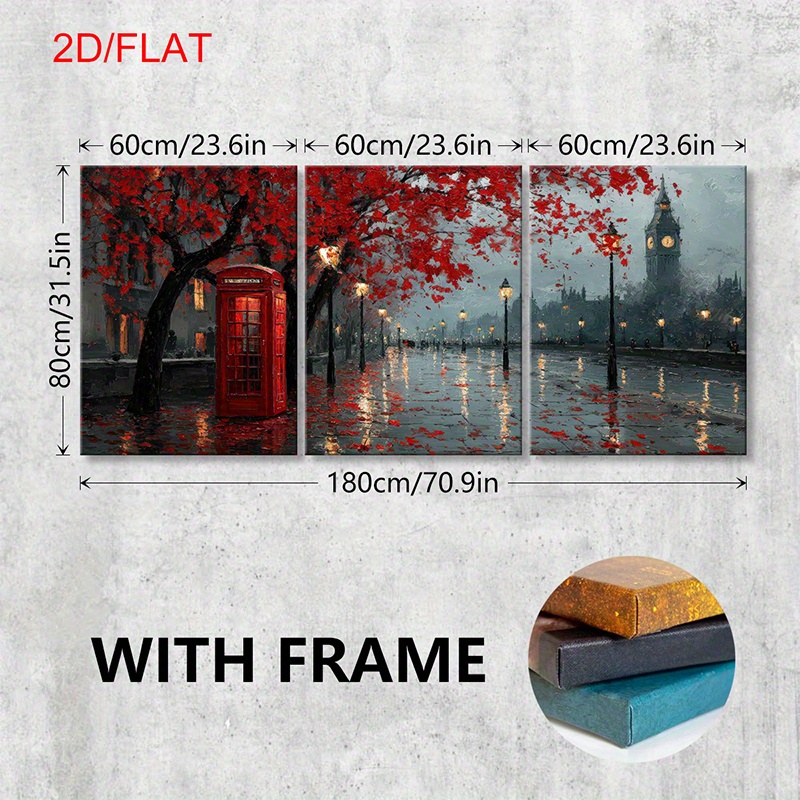 TEMU 2d Flat, 2d Flat, 2d Flat Set Of 3 Wooden-framed Canvas Posters Featuring An Artistic Of London, Including A Red Telephone Booth, , Autumn