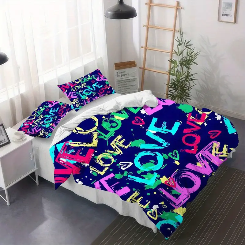 3pcs pattern bedding set - graffiti design duvet cover with pillowcases, navy blue & multicolor , soft microfiber bedding for teen room decor, 1 duvet cover + 2 pillowcases, machine washable zipper closure, , vibrant colors, bedroom collection, bedding set, king size bed comforter, bed comforter sets, king size bed comforter sets, bedroom decor, contemporary design, material, durable fabric, stylish bedrooms, mini Product details 6