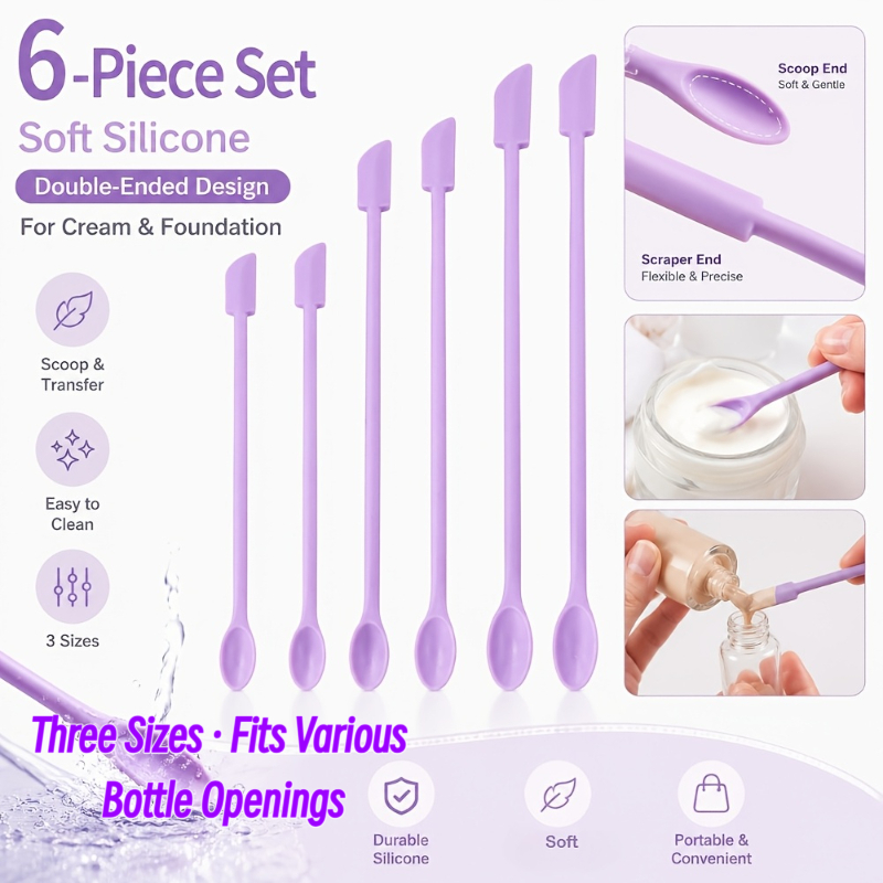 TEMU 6pcs Set Of Purple Double-ended Silicone Cosmetic Scoops , M, L Sizes, For Dispensing And Scraping Out Cream And Foundation, Tool For Scraping