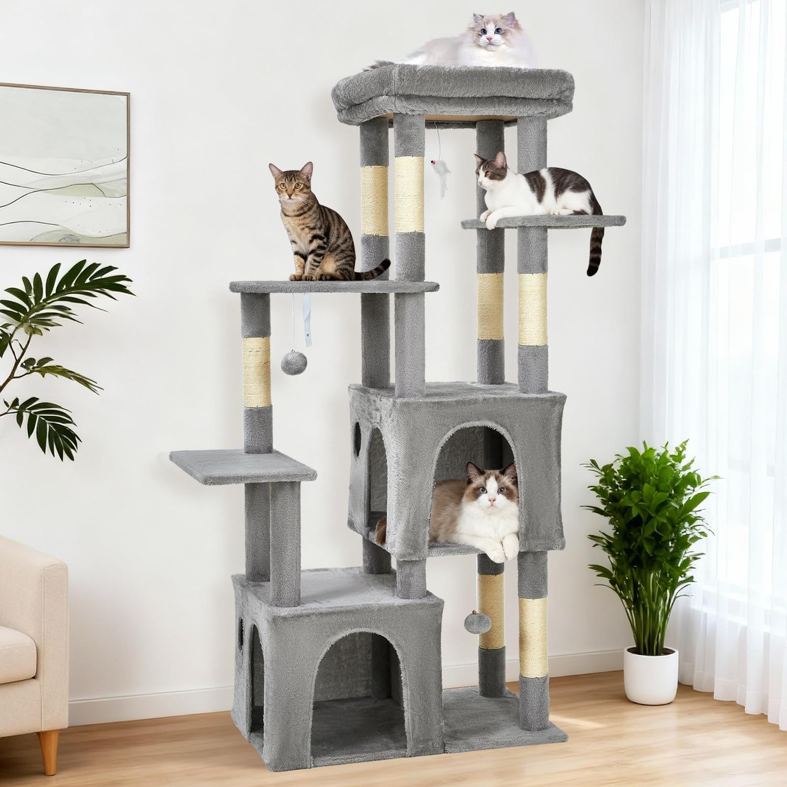 157cm Tall Multi-functional Cat Of Particle Board And Fabric, Includes A Sisal-wrapped Scratching Post, A Cozy Cat Nest, A Comfortable Hammock, A Hanging Ball, And An Platform