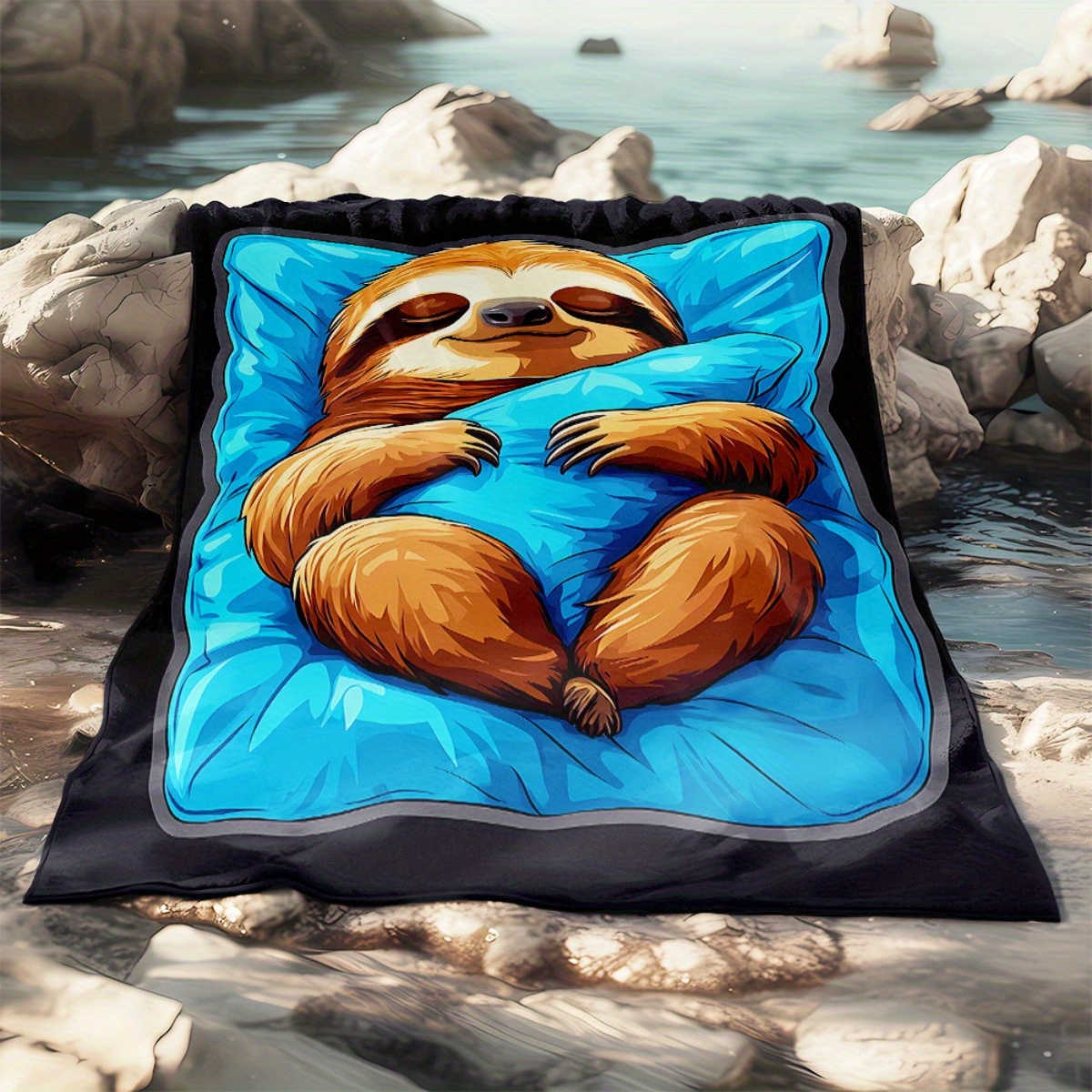 TEMU A Single Sloth Snuggling A Blue Pillow Blanket - A Lightweight Flannel Bedding Option Sofas, Beds, Travel, Camping, Living Rooms, Offices,