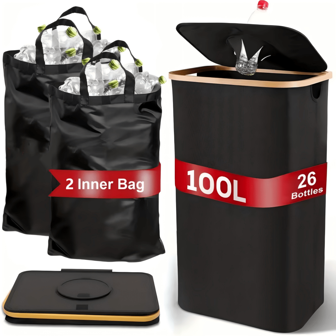 E-shop Recyclingbehälter für die Küche 26 Gallonen, 100L große Recyclingtonne mit Bambusdeckel, abnehmbare wiederverwendbare Innenbeutel, faltbarer