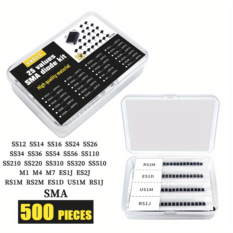 500pcs High-quality Electronics Kit: 25 Values - Stable & Schottky , Sma Do-214ac & More - Industrial Use