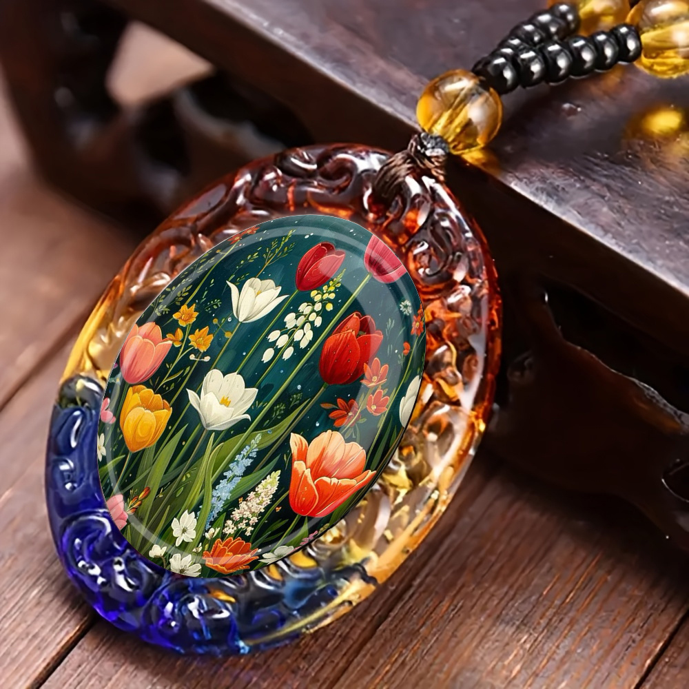 TEMU Collar bohemio vintage de cristal con colgante de tipo pintura al óleo - Cadena retro sin metal adecuada para uso diario, regalo de y San