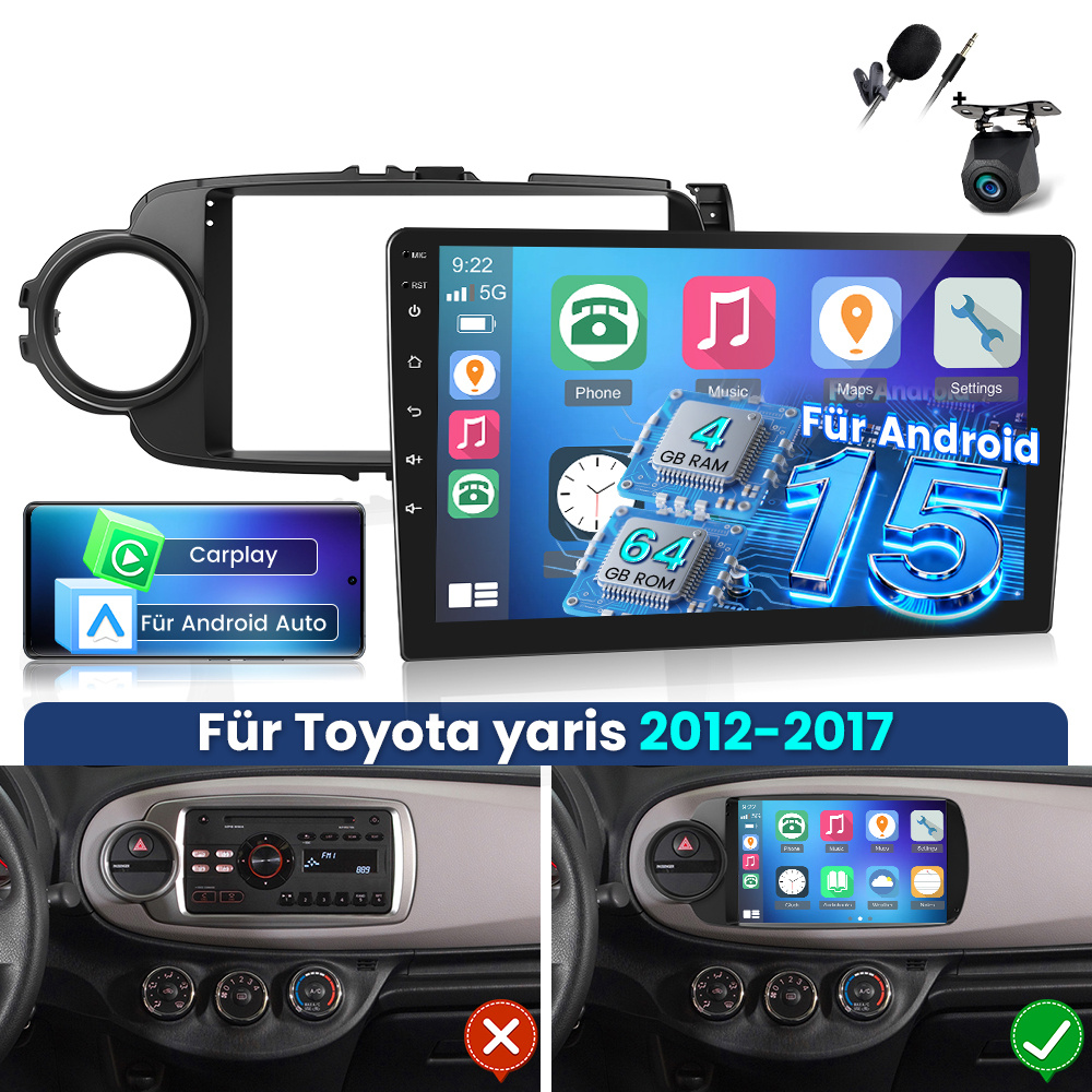 Image of 4gb+64gb 15 Autoradio Radio For Yaris 2012-2017 Car Stereo With Auto, 9 Inch Ips Screen Radio With Gps Navi, Wifi, Eq, Swc, Fm Rds Radio With Hd Camera And Mic