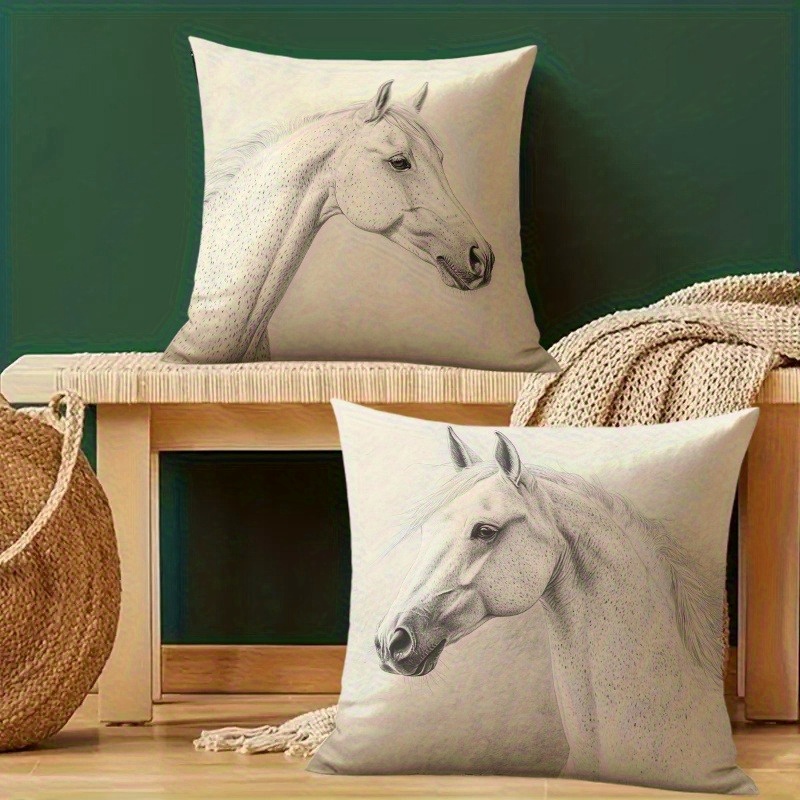 TEMU 2pcs Elegant White Horse Pencil Drawing Pillow Covers - Zipper Closure, Machine Washable Polyester, Suitable For Sofa And Home Decor, Office,