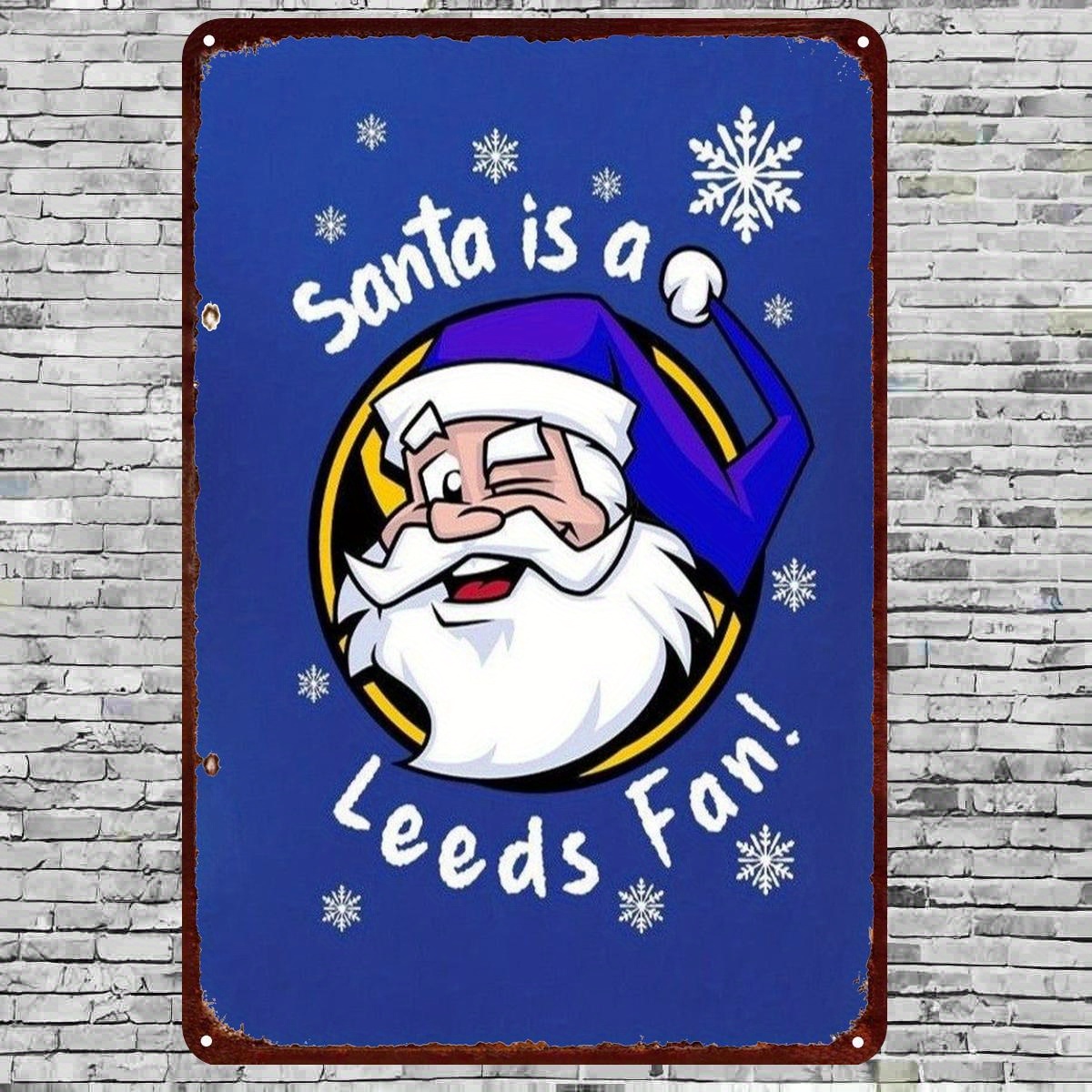 TEMU 2d Flat, 1pc Fc Inspired "santa Is A Leeds Fan!" Metal Wall Sign - Retro Football Logo & Mascot-like Santa, 8x12 & White Iron Christmas