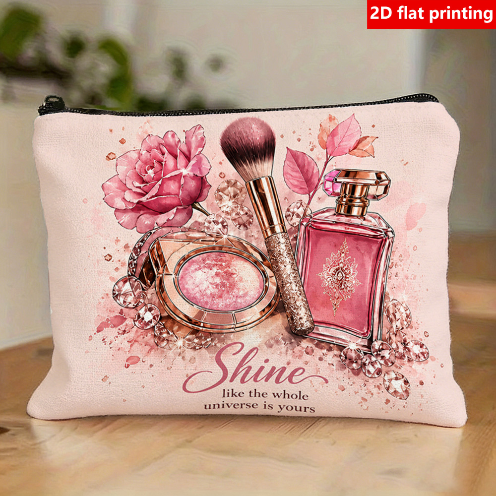 TEMU 2d Flat Printing, 1pc Pink Rose Perfume Makeup Brush Printed Cosmetic Pouch, Inspirational English Portable Zippered Clutch Bag, Lightweight