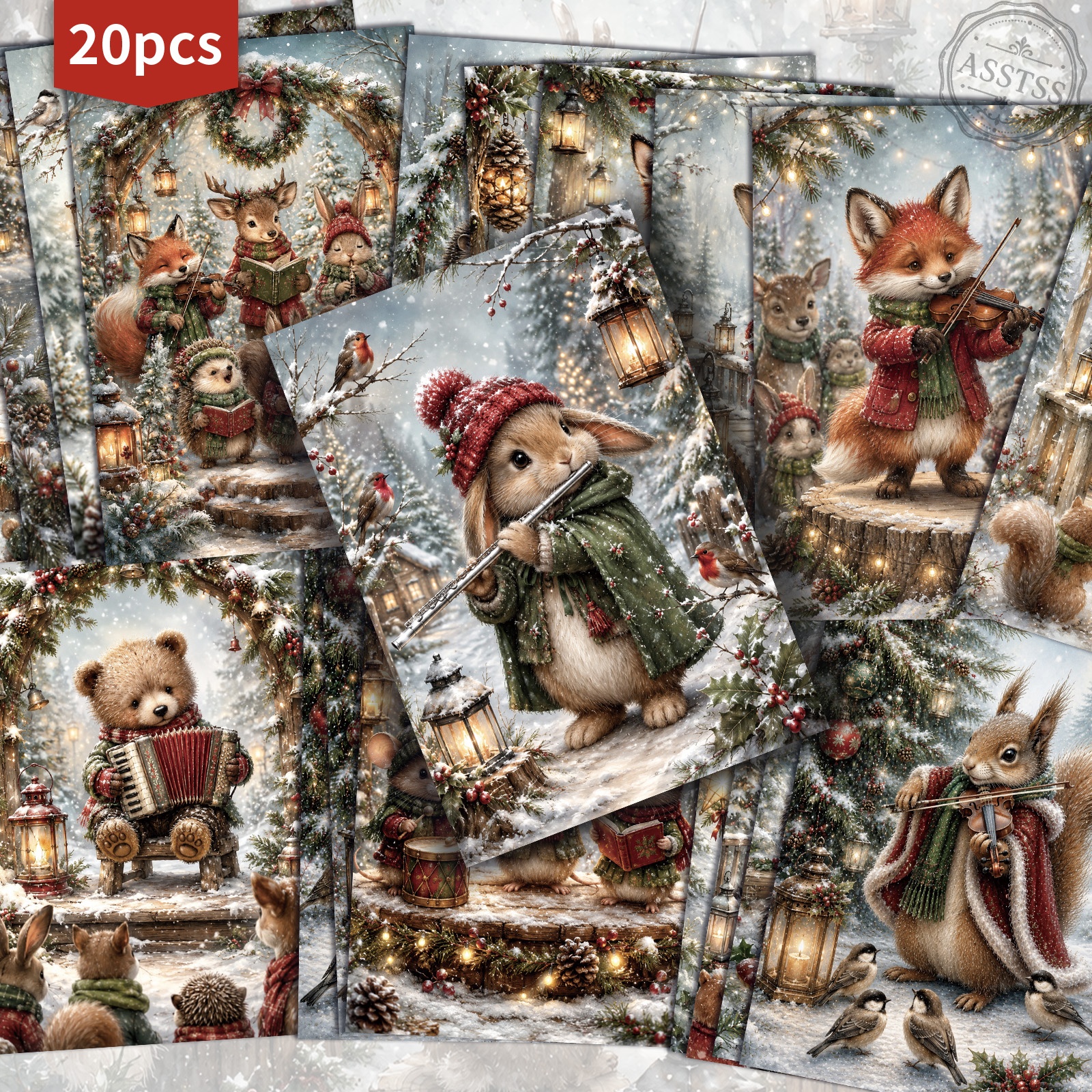 TEMU Lot de 20 cartes postales de concert ASSTSS Animaux de Noël Vintage - 4x6 pouces Fournitures rétro pour journal de récupération, Illustrations ,