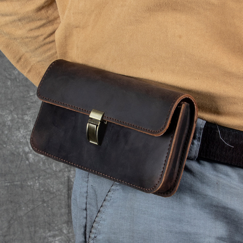 Image of Men Vintage Full Grain Genuine Leather Horizontal Belt Phone Waist Bag, Multi Card Slot Belt Loop Holster For Outdoor Work Hiking
