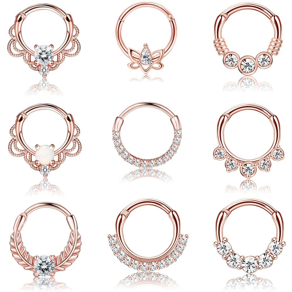 Image of 9pcs 16g Surgical Steel Hypoallergenic Nose Piercing Septum Rings Opal Cz Helix Cartilage Piercing Conch Daith Piercing Ear Piercing 8mm