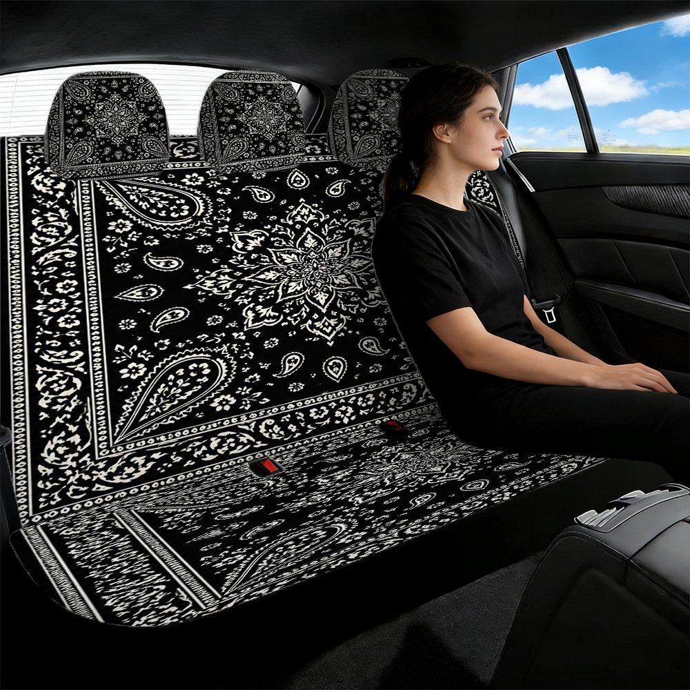 Image of 5pcs Paisley Floral Car Seat Covers, Suitable For Rear Seats, Stylish And Easy Design, Made Of Polyester, Suitable For Most Cars Including Sedans And Suvs, Automotive Accessory For Women, Holiday Gift