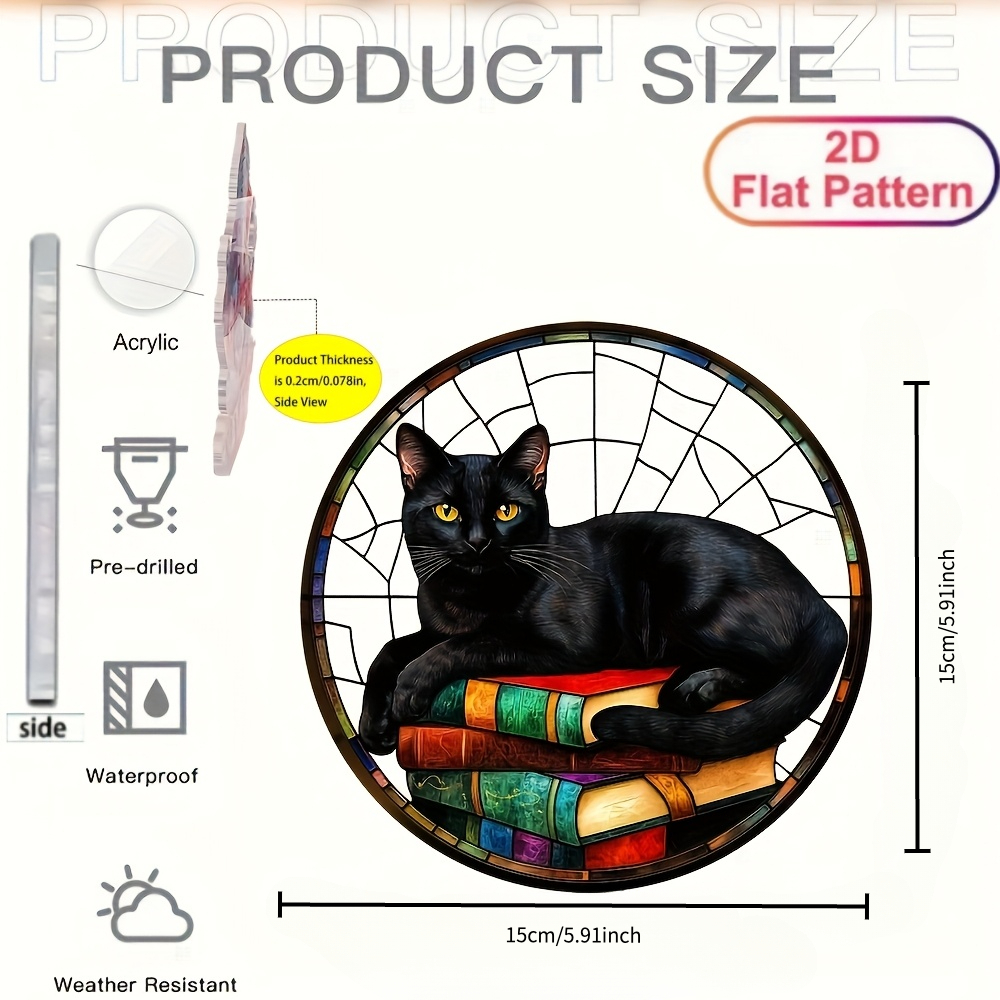 TEMU 2d Flat, 2d Flat Vintage Black Cat Suncatcher - Acrylic Window Hanging With Stained - Animal Themed Decoration, Designed As A Cat On A Book -