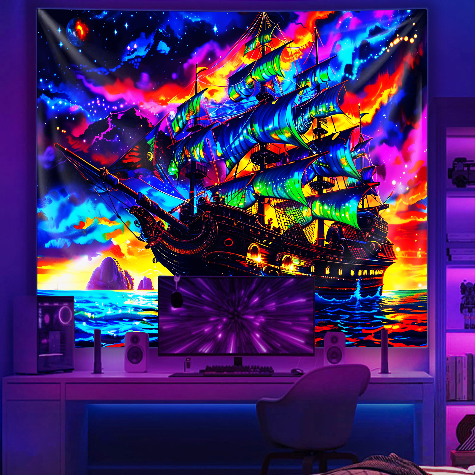 

1pc Anime Pirate Ship Tapestry, Fluorescent Stars, 85gsm Knit Polyester Fabric, Horizontal Wall Hanging For Home, Bars, Cafes, Clubs - No Power Supply Needed