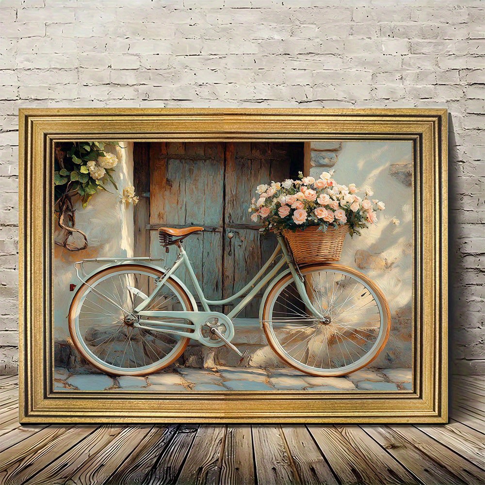 vintage bicycle flower basket canvas wall art golden framed Temu - Main Image