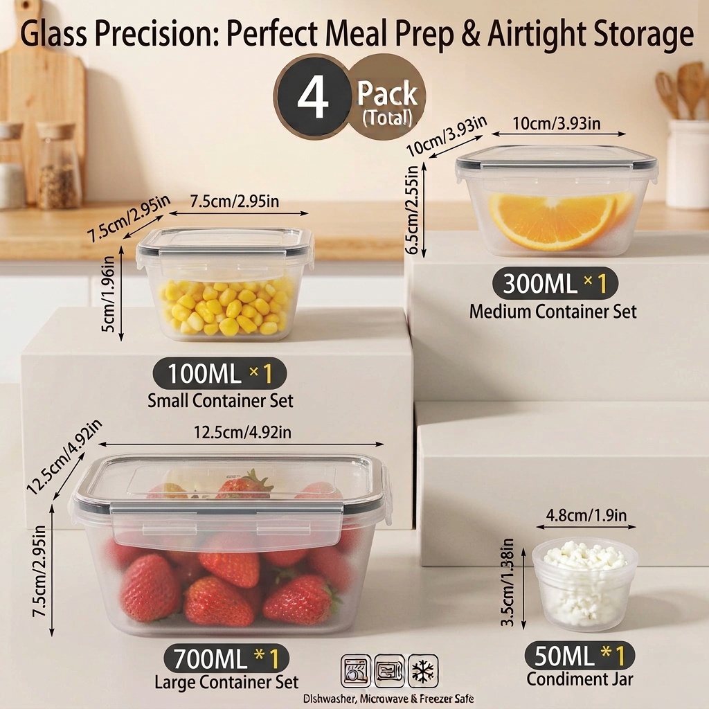 TEMU Lot de 4 contenants de conservation alimentaire (4 boîtes et 4 couvercles) - de préparation de repas en plastique PP transparent de qualité