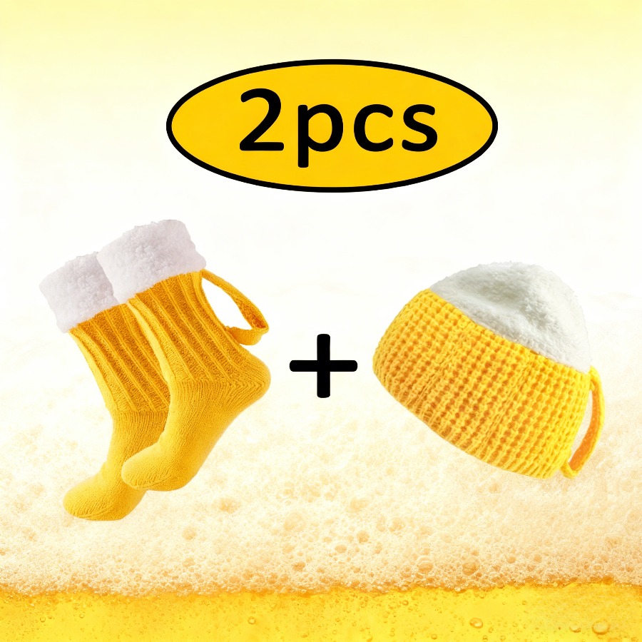 TEMU Ensemble 2 pièces bonnet et chaussettes de bière - Bonnets et chaussettes d'hiver de de bière, avec motif de tasse, épais et chauds, un choix