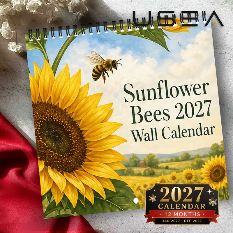 TEMU 2027 Wall Calendar 2027 Sunflower And Bee Wall Calendar, 12-month Monthly Planner, Twin Wire Spiral Hanging Calendar, 8.3x8.3 Inch Square, Large
