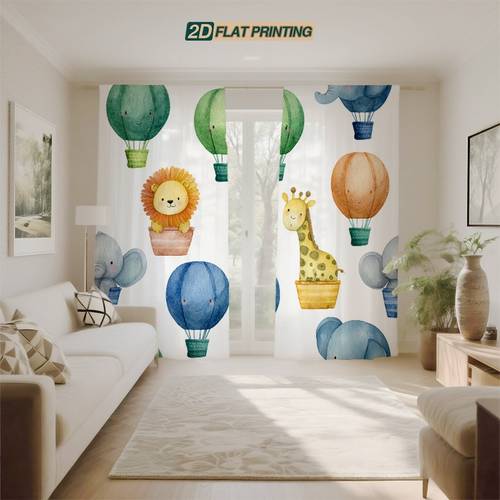 item picture set of 4 comprising 2 window screens and 2 tiebacks featuring high definition digital prints made from semi transparent polyester designed with animal hot air balloons a top pole bag design for easy no drill installation
