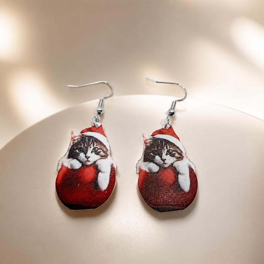 TEMU 2d Foldable 1 Pair Fashion Cute Cat With Santa Hat Drop Earrings, Festive And Delicate, Christmas, Halloween, Valentine's Day, Anniversary,