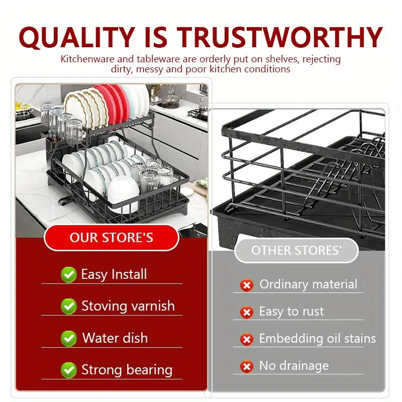 double dish rack for double countertops is here it has a unique 360 drainage function tableware can dry quickly the drain tray with the cutlery rack and 4 cup holders is above the sink or a cup it can Product details 3