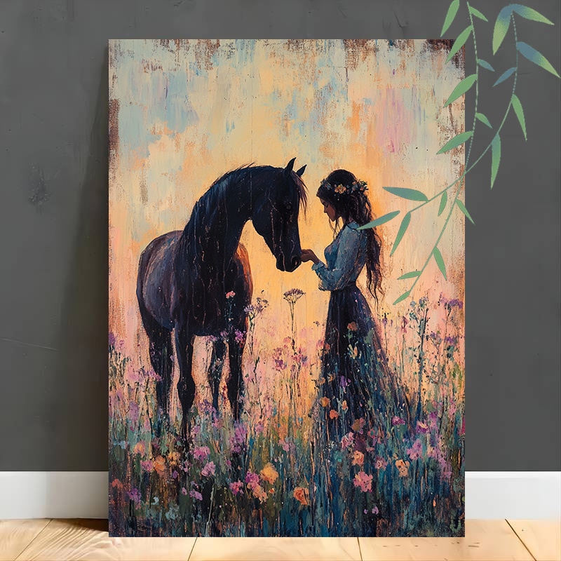 TEMU 2d Flat 1pc Framed Canvas Art Print - And Horse In , Wooden Frame, Ready To Hang Wall Decor For Bedroom Or Living Room, Countryside Scene, Ideal