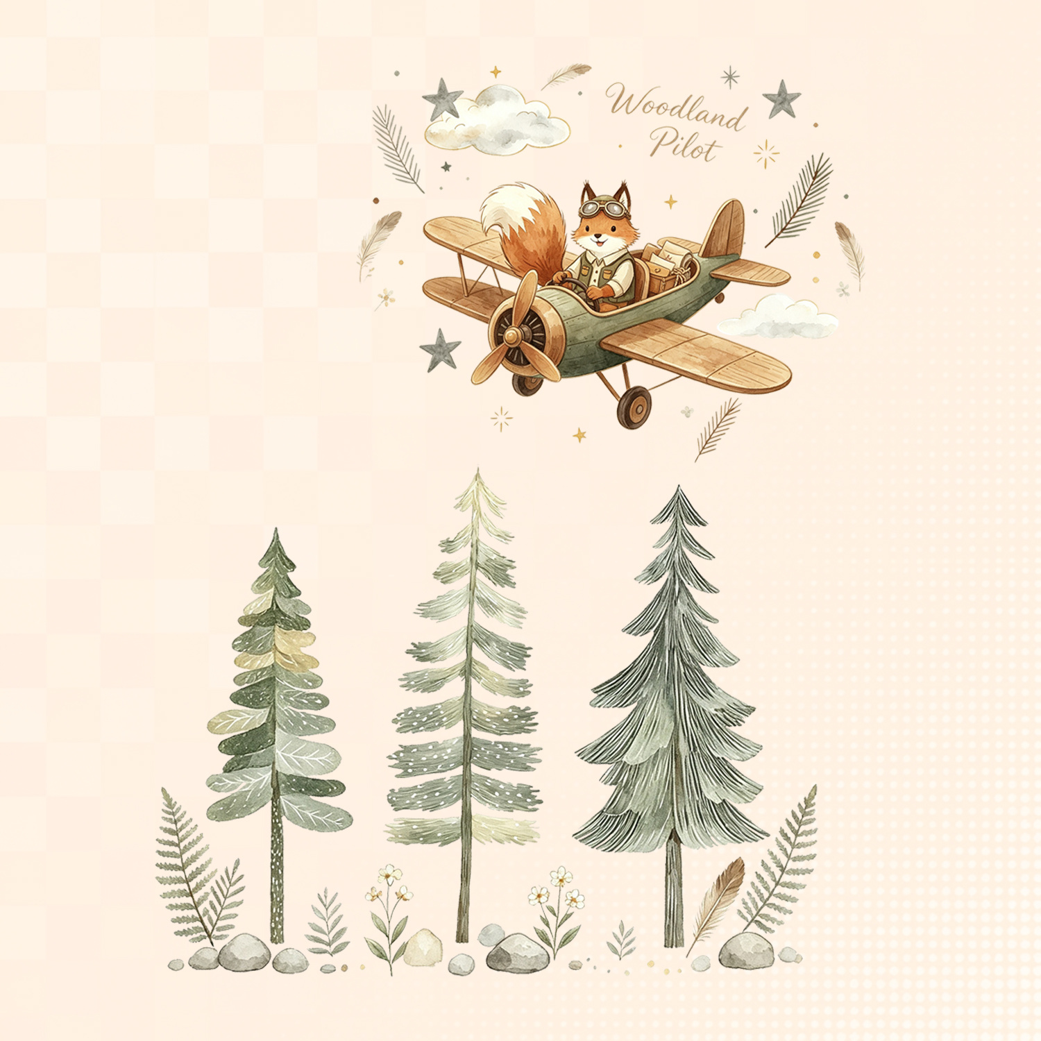 TEMU Autocollant mural 1 lot/3 pièces Pilote des bois aquarelle pour chambre d'enfant, Sticker de renard volant avec pins et étoiles, Peinture murale