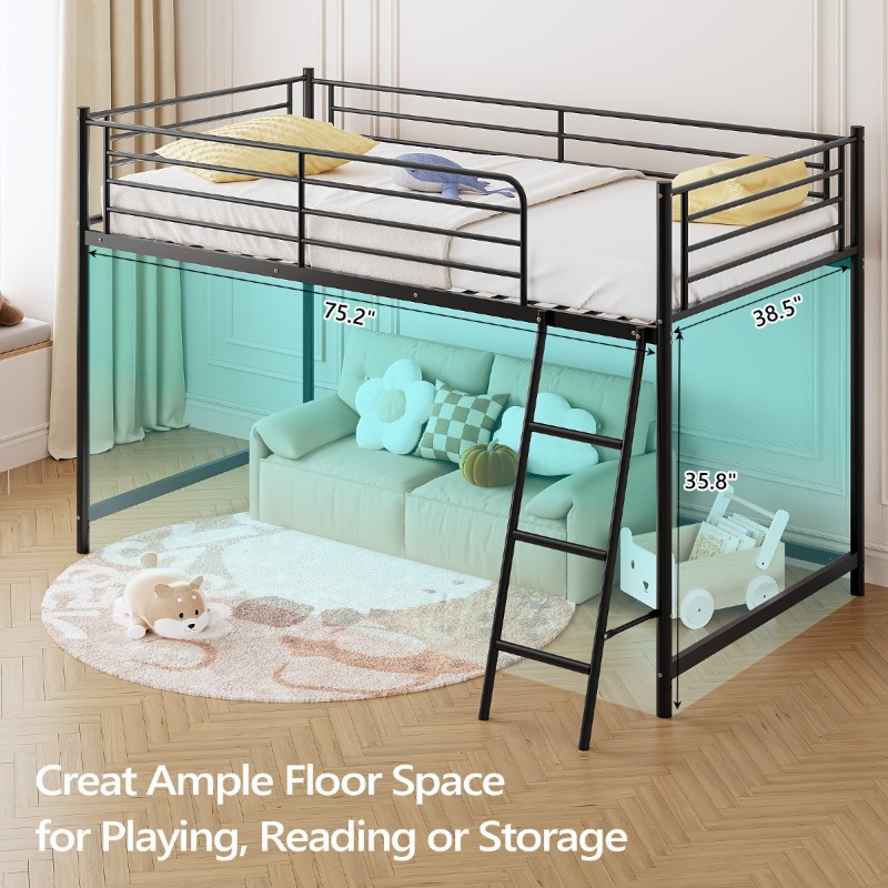 Loft Bed for Kids | Heavy-duty Iron Frame, 350LBS Weight Capacity, Space Saving Design for Small Rooms & Low Ceilings, Movable Ladder, - JOYMOR
