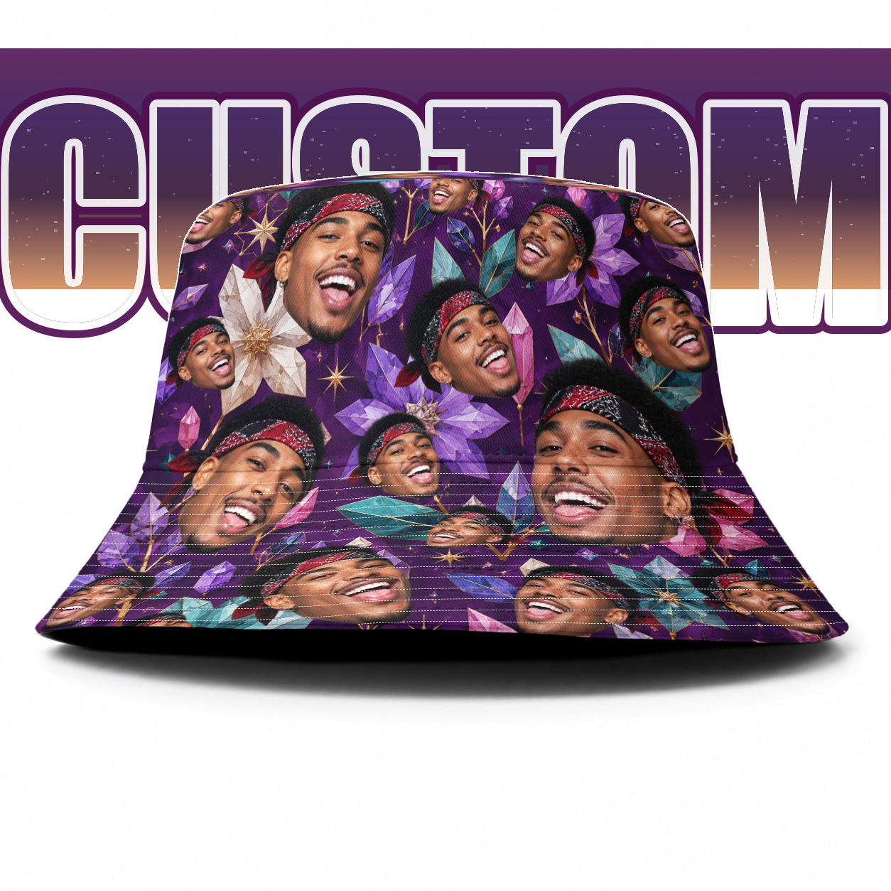 TEMU 1pc Personalized Custom Photo Print, Purple Floral Portrait Reversible Printed Bucket Hat, Unisex, For Winter Festivals, Holiday Shopping And