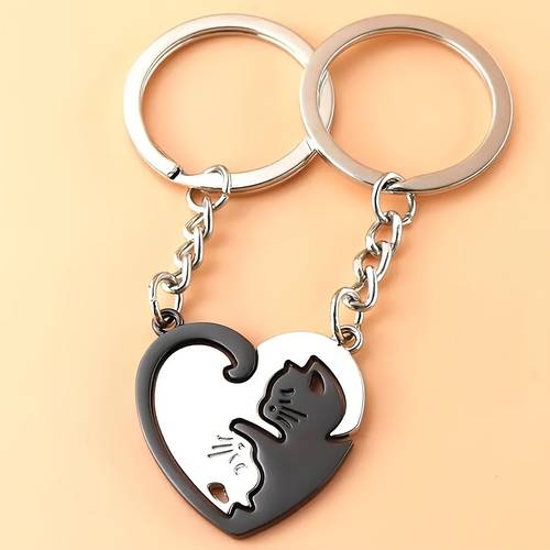 unieke kattenontwerp hartvormige sleutelhanger set, gegraveerd liefdestoken, perfect cadeau voor verjaardag, , kerstmis voor beste vrienden, stelletjes, zielsverwanten