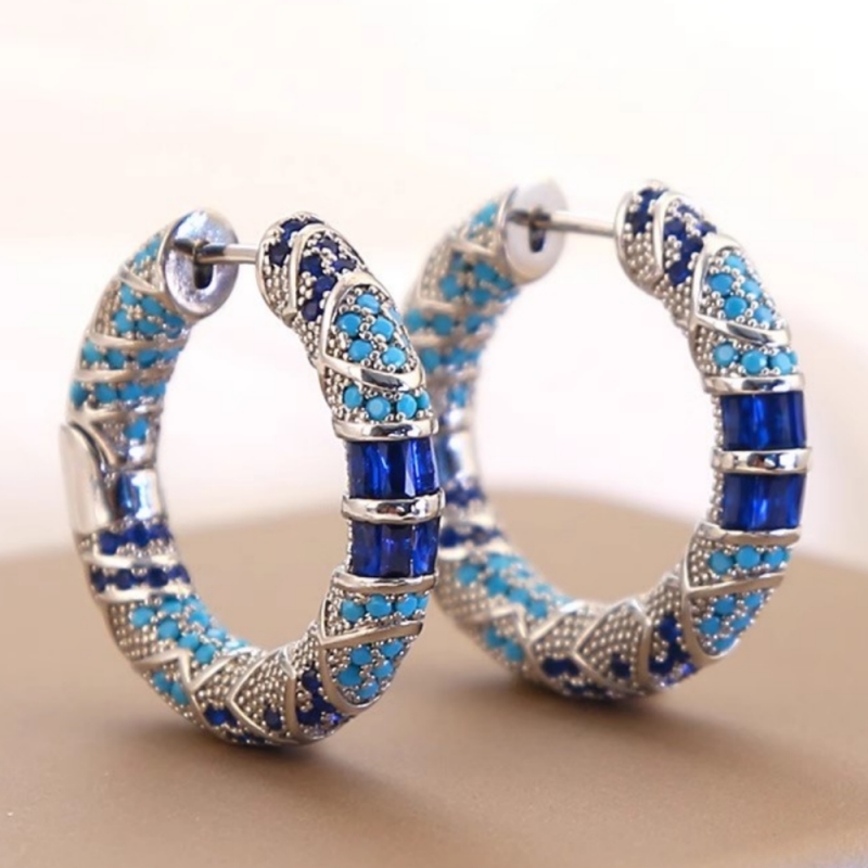 Image of 1pair Luxury Inlay Blue Synthetic Zirconia Hoop Earrings Bridal Wedding Earrings Jewelry For Women Daily Banquet Charm Earrings