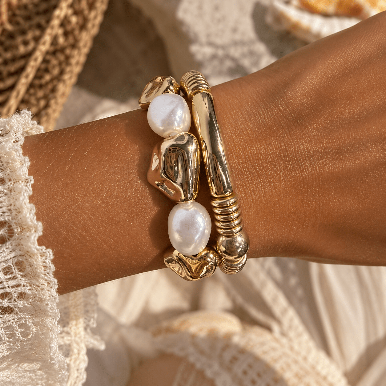 TEMU 2pcs Chunky Bracelet Set For Women - Ccb Bangle & Beaded Jewelry, -coated Suitable For Party, Daily Wear, Stackable Vintage Statement Bracelets