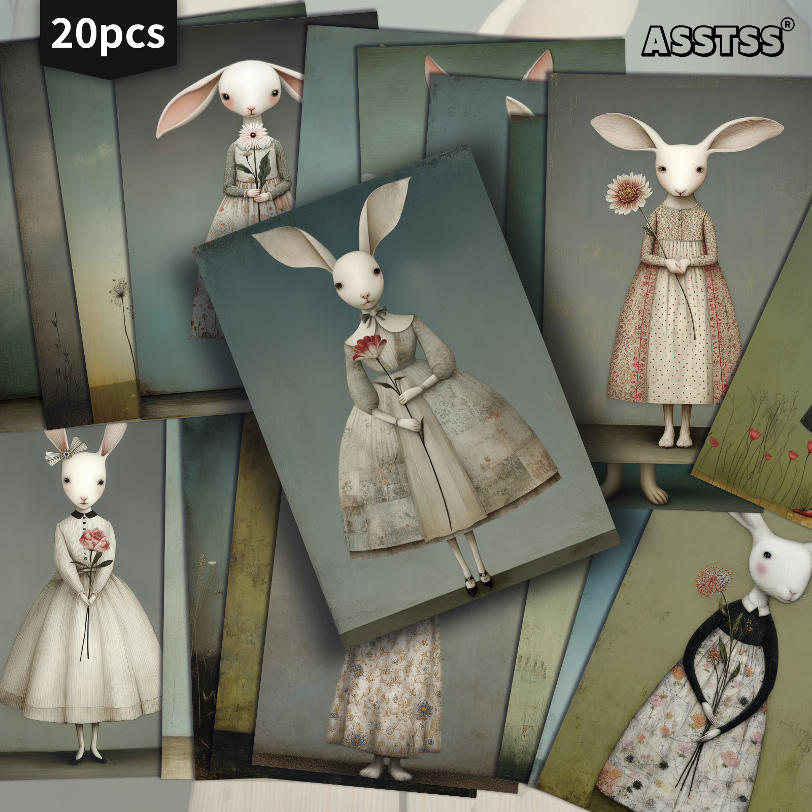 TEMU Lot de 20 cartes cadeaux ASSTSS Lapin Fille et Fleurs | Papier Journal Rétro Junk 4x6 pouces, Illustrations Classiques, Cartes de Peinture