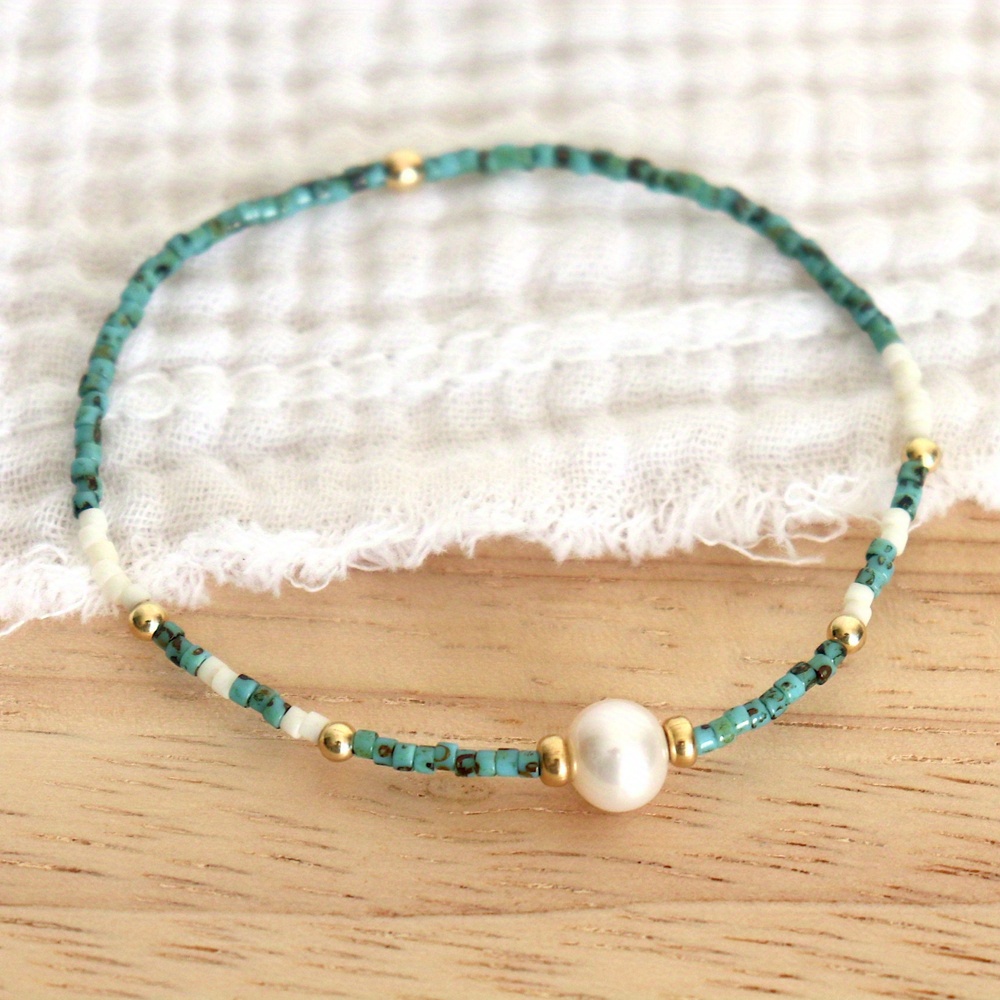 Image of A Women's Fashion Bracelet, Vintage Bohemian Style, Thin Elastic Bracelet With Teal Beads, Good Luck Bracelet, Minimalist Women's Bracelet, Gift For Women