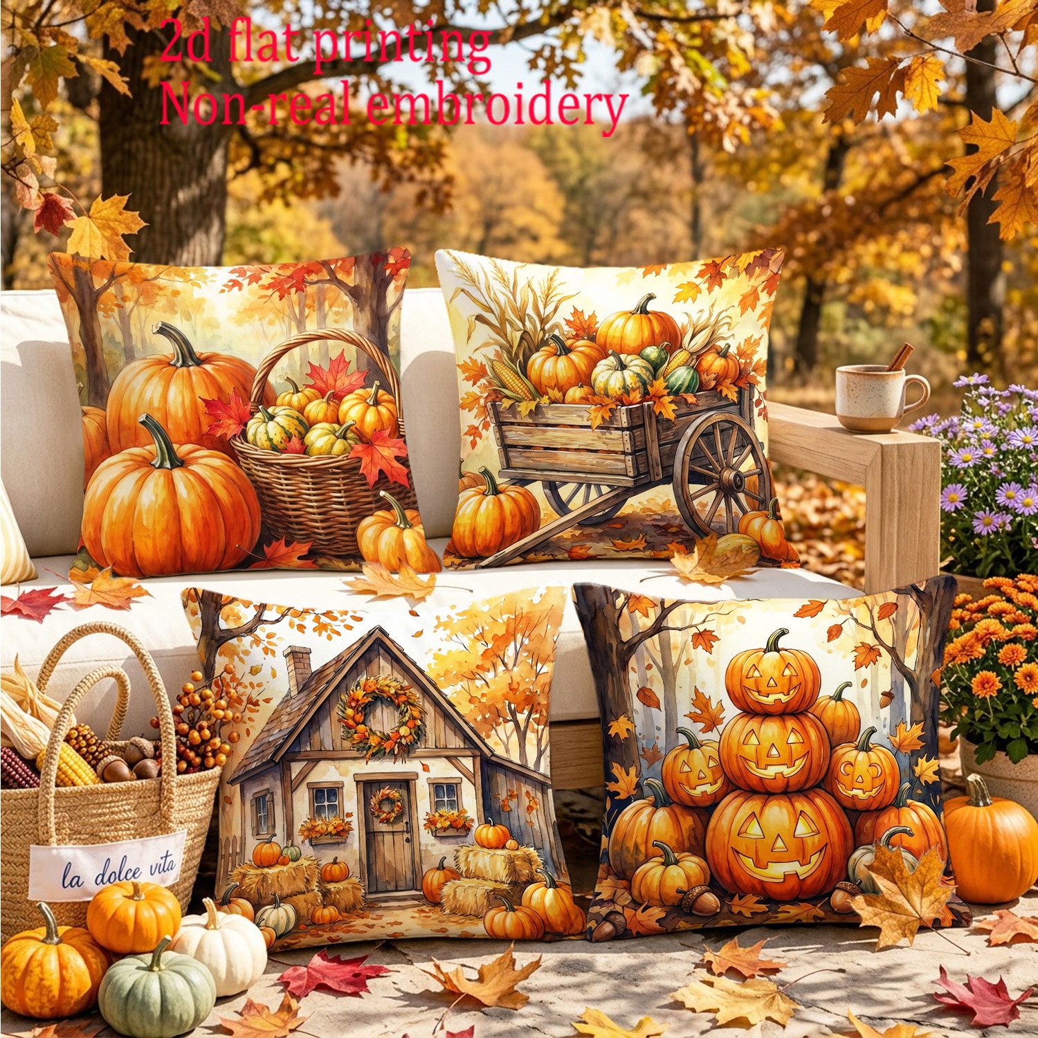 TEMU 4pcs Rustic Autumn Pumpkin Themed Printed Pillowcases, Featuring Pumpkin, Harvest Wagon, , And Jack-o'-lantern Patterns. Single-sided Printed