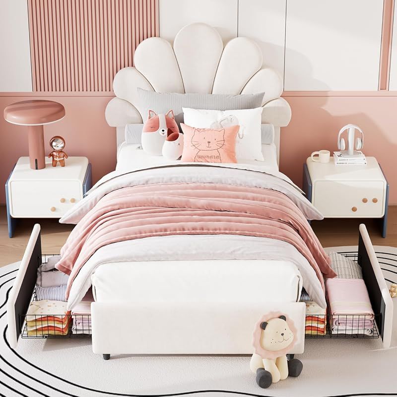 Twin Size Bed Frame for Bedroom - Platform Bed with Headboard, 2 Storage Drawers, Slat Support, No Box Spring Needed, Easy Assembly(Bed Frame Only)