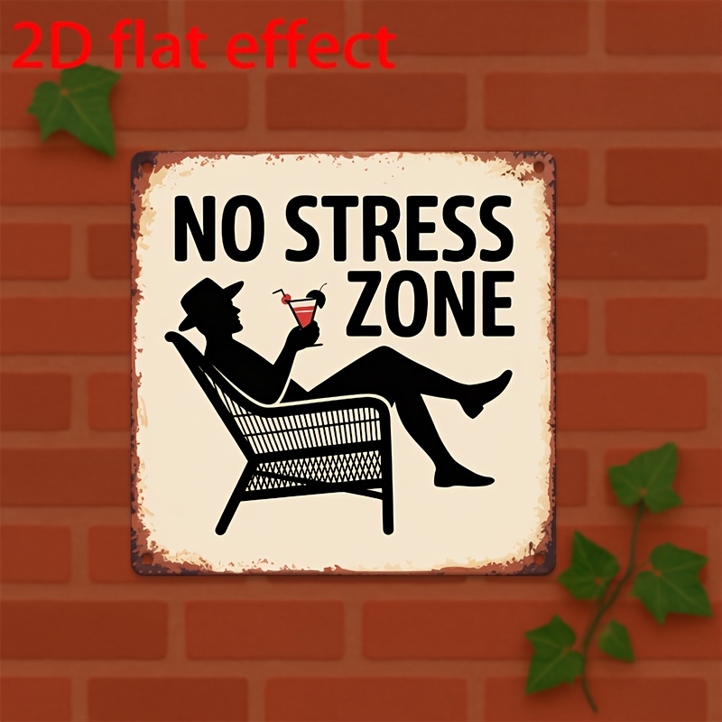 TEMU 2D Flat - 2D-gedrucktes Schild, ., Vintage-Holzplakette, Outdoor- und Wanddeko, Kein-Stress-Zone-Schild, Entspannende Deko, Friedliche, bequeme