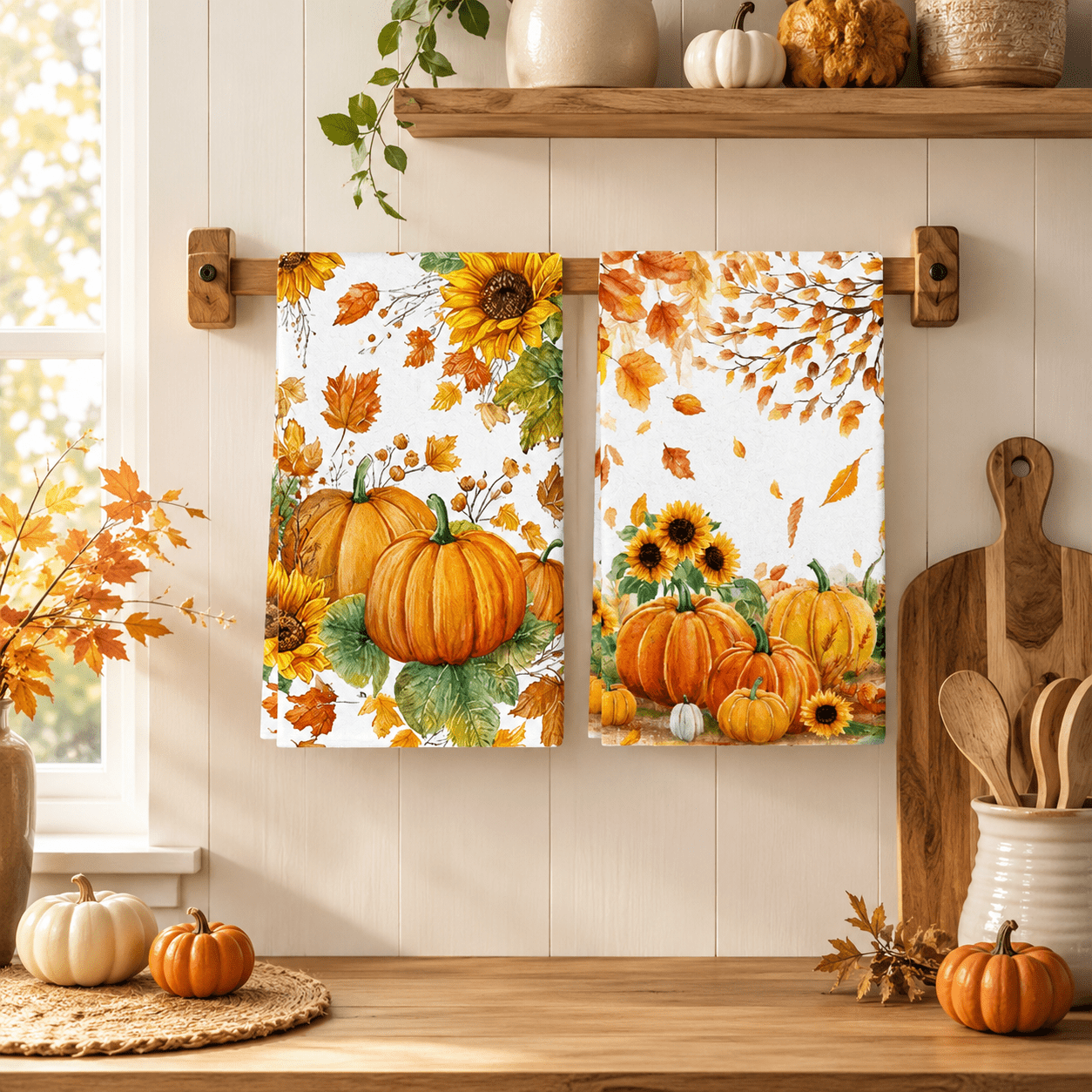 TEMU 2pcs Pumpkin And Sunflower Pattern Kitchen Towels, Dish Towels, Suitable For Restaurant, Kitchen, And Bathroom Indoor Decoration, Party