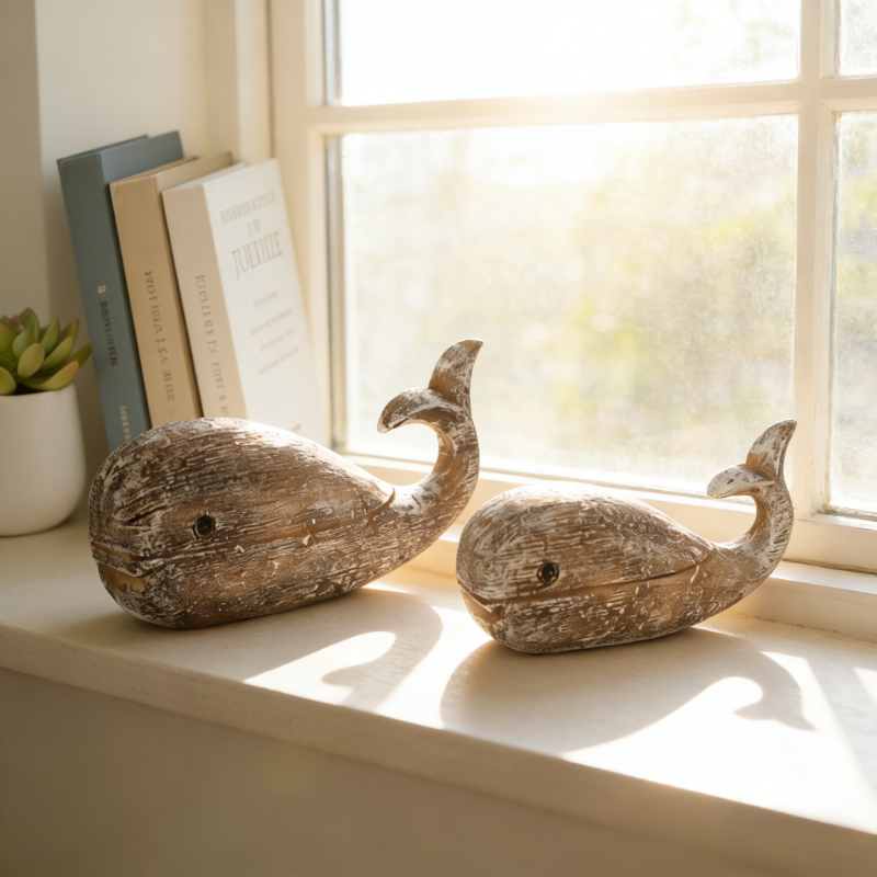 E-shop Ein Set aus zwei Wal-Statuen im mediterranen Stil aus Harz, hergestellt im Vintage-Stil, für die Wohnungsdekoration. Diese kreativen Stücke