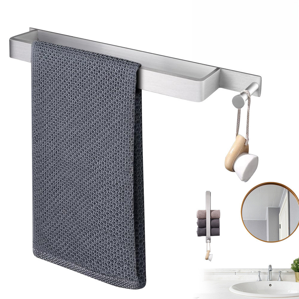 Image of No Drilling Stainless Steel Self-adhesive Towel Holder, Brushed Silver 43.5 Cm Towel Rail With Hooks For Bathroom Guest