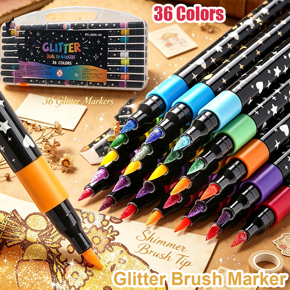 TEMU 36 Colors Metallic Glitter Brush Marker Pens Flexible Brush Tip Quick Dry Non Bleeding Shiny Ink For Scrapbooking Lettering Drawing Journaling