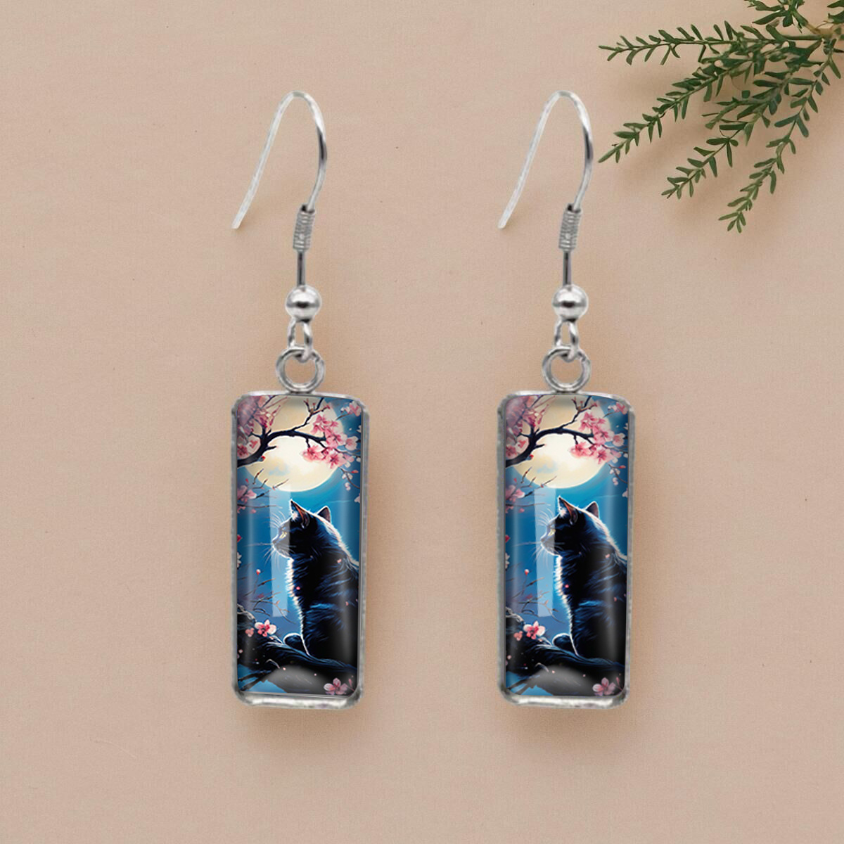 TEMU Orecchini a Gancio Rettangolari con a Pittura a Olio , Fiori di Ciliegio e Luna - Accessori di Moda e Regali
