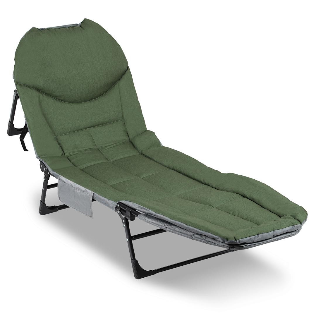 E-shop Liegestuhl Karpfenangeln Fischstuhl Deckstuhl Grün mit Kissen Garten Liegestuhl Gepolsterte Liege Camping Liege Maximale Tragfähigkeit 150Kg