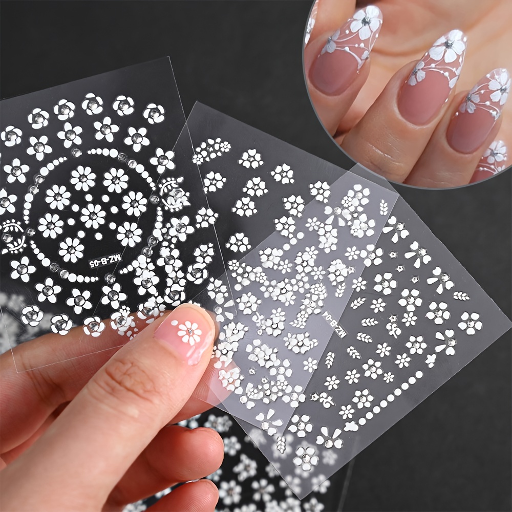 Random 5pcs White 3d Daisy Floral Nail Stickers - Holographic Self-adhesive Nail Art With Fern Leaves, Glossy Plastic Nail Decoration, Women's Pedicure And Manicure Additions