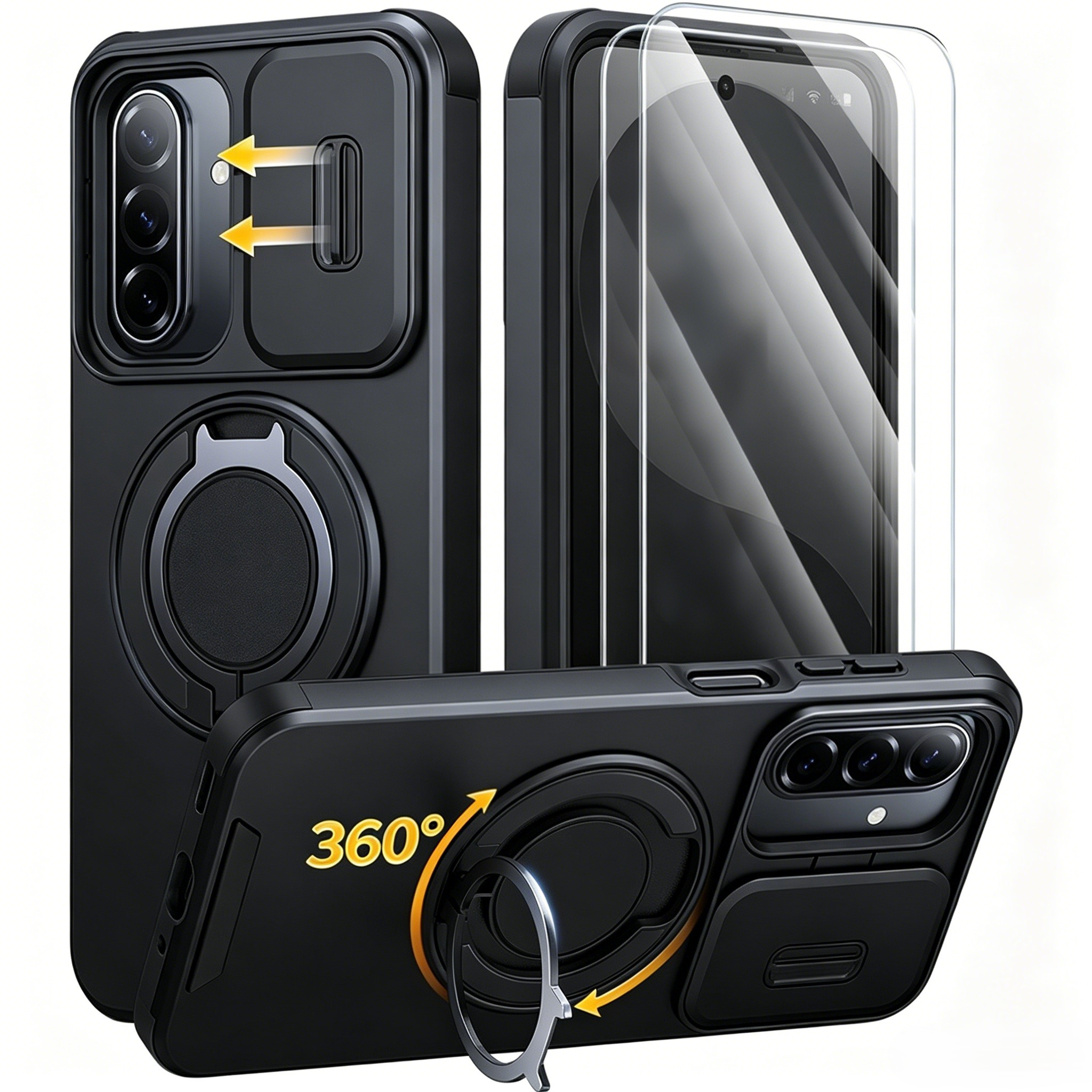 TEMU Phone Case: 3pcs [1 Phone Case And 2pcs Protectors] Kickstand Magnetic Phone Case For For Galaxy S26 S25 S24 Series, Slide Camera Cover,