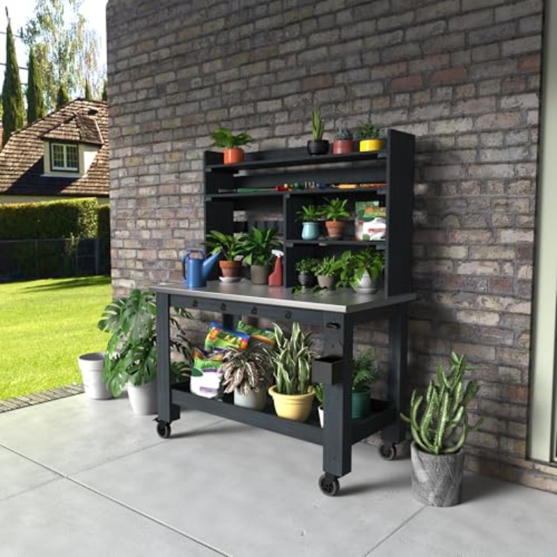 potting bench table large outdoor kitchen island prep station with stainless steel top cover hardwood 66 9 h