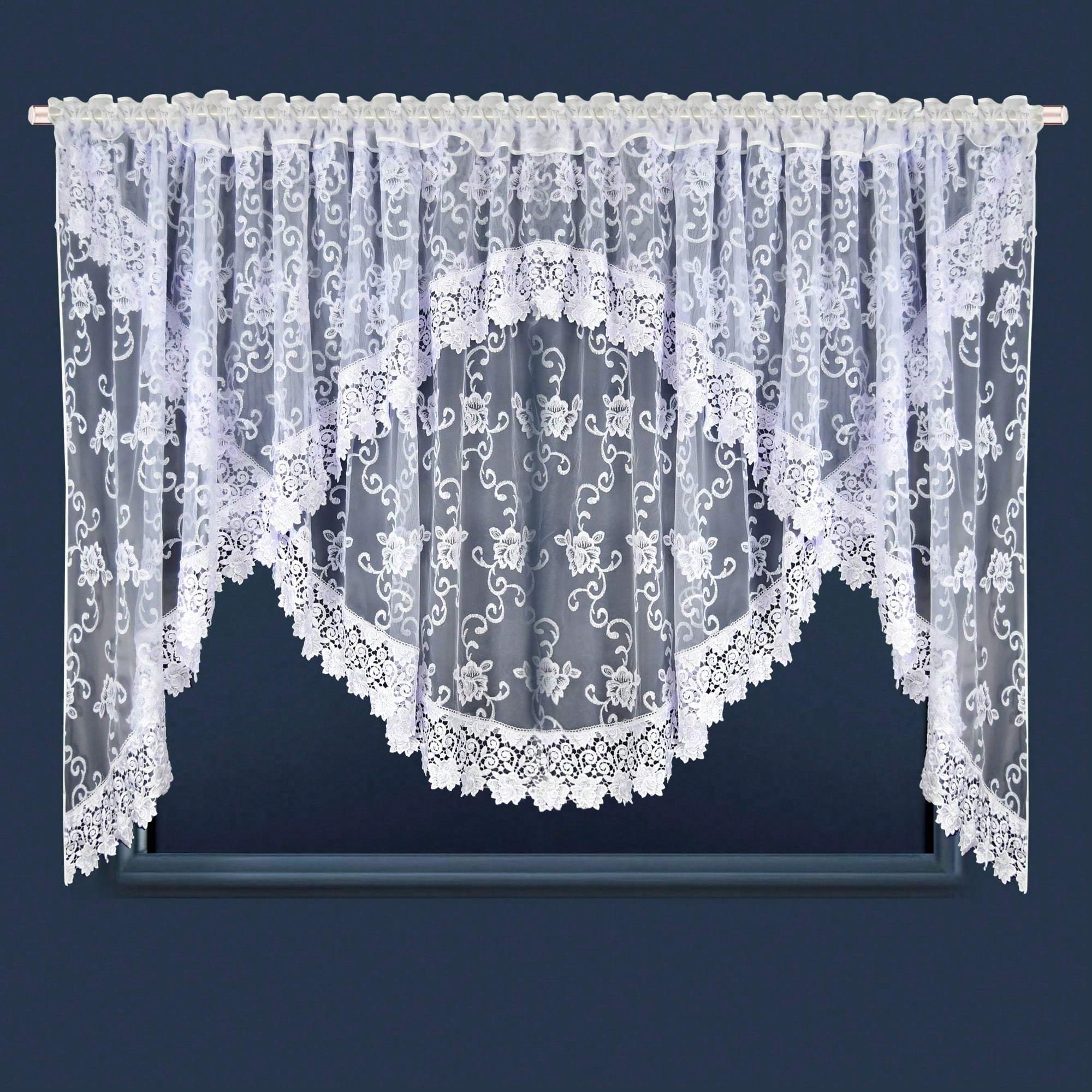 TEMU 1pc Elegant Lace & Sheer Mesh Curtain Panel - Floral Pattern Light-filtering Drapes, Vintage 100% Polyester, Rod Pocket Semi-sheer Curtains For