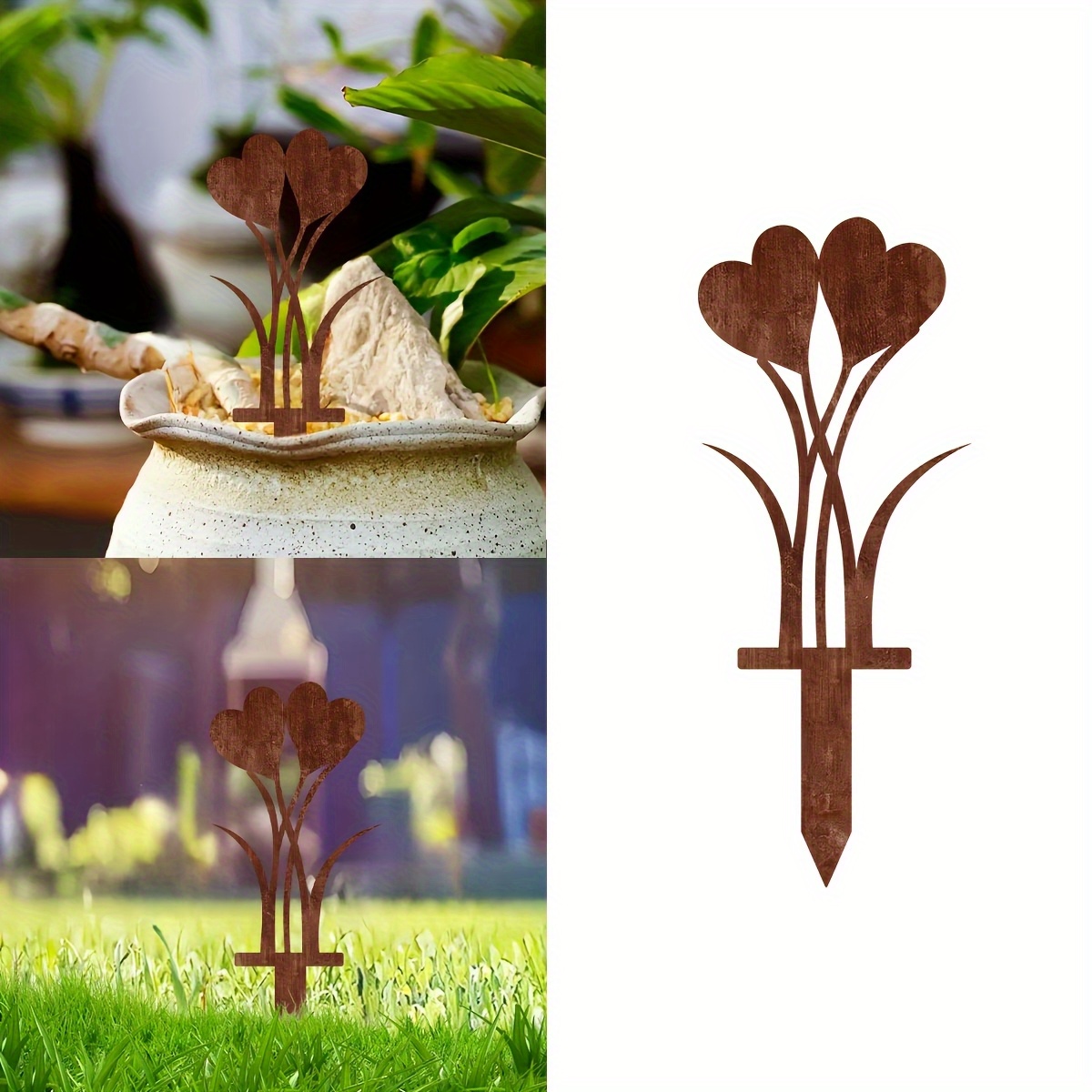 Image of 2d Flat, 1pc Of Rustic Heart-shaped Acrylic Garden Stake - Weathered Red Finish, A Decorative Pot Accent For Patios, , Or Gardens, For Mother's Day, Easter, Or Christmas