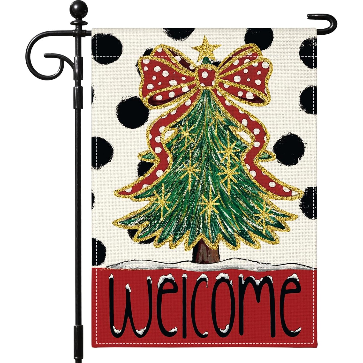 TEMU Welcome Bow Tree Christmas Garden Flag 12x18 Inch Double-sided, Polka Dot Seasonal Outdoor Winter Xmas Flag For Yard Farmhouse Holiday